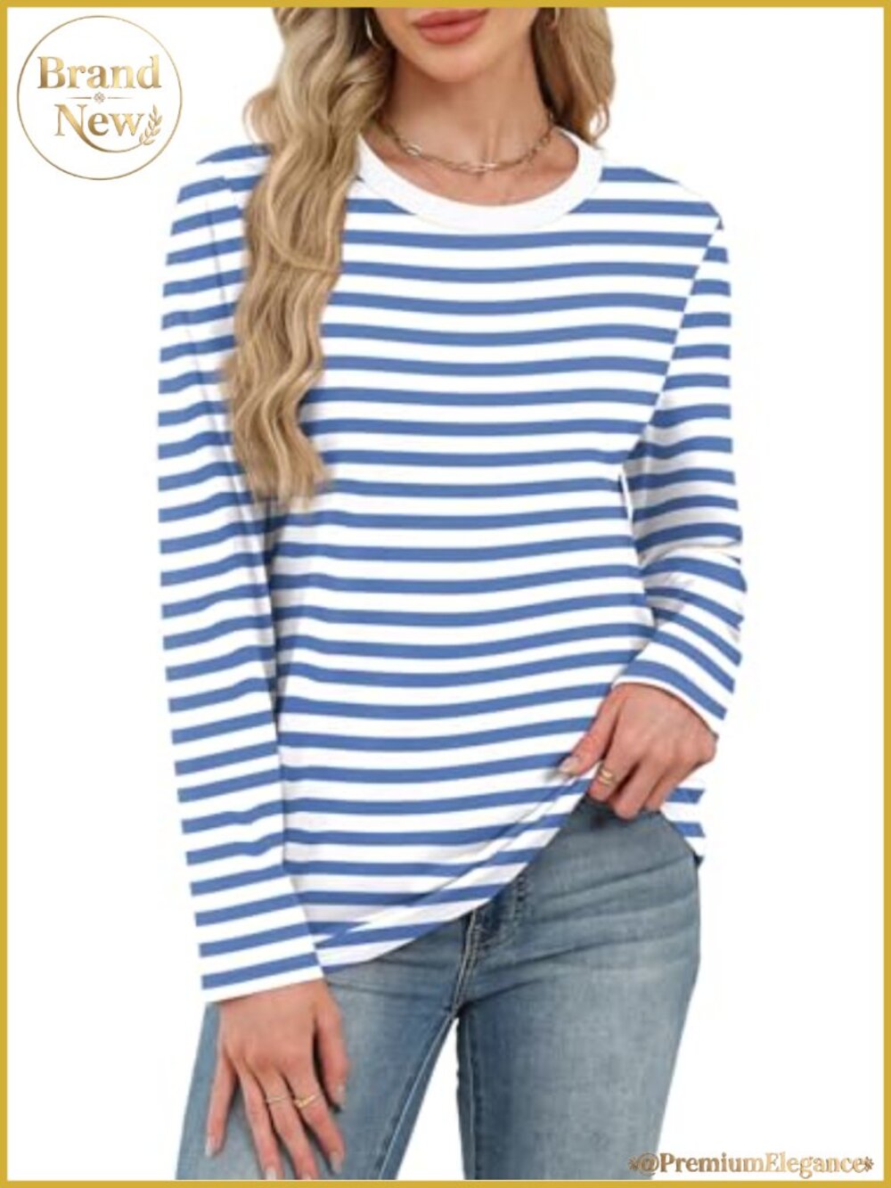 Striped Long Sleeve Top Color Block Crewneck Tee - Picture 2 of 6